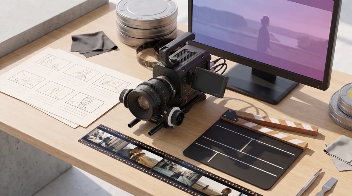Film production desk with cinema camera, storyboard, and frame sequence
