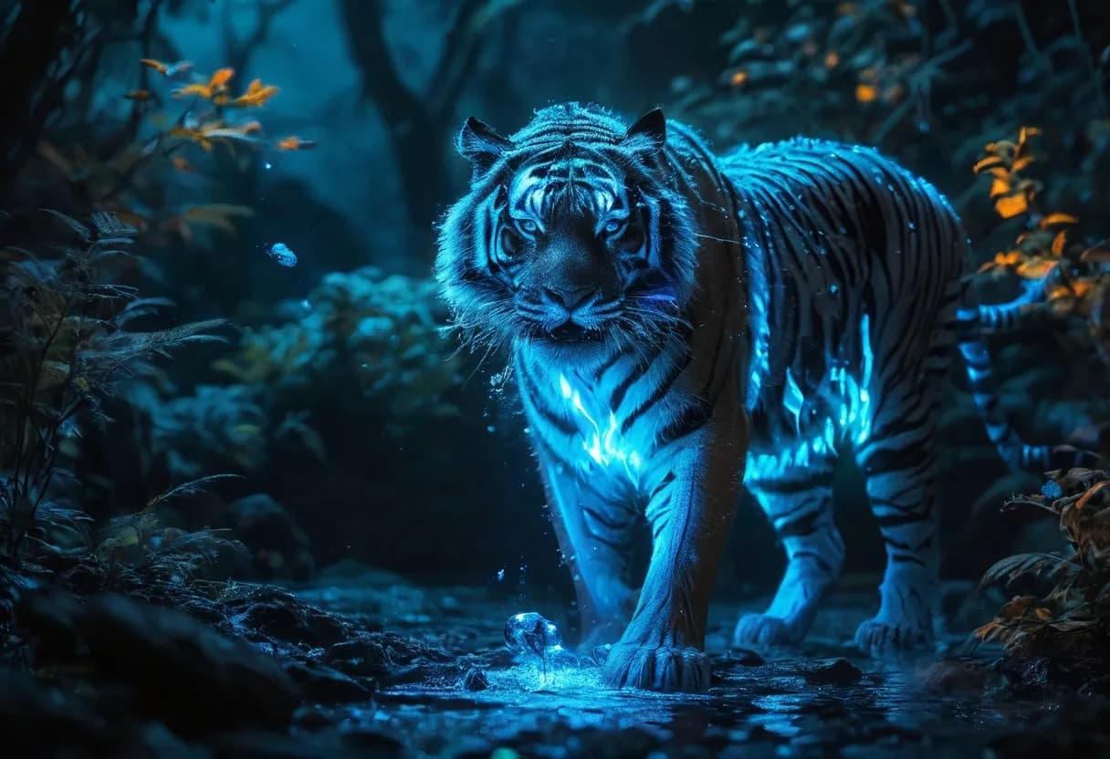 Glowing blue tiger in a dark forest.