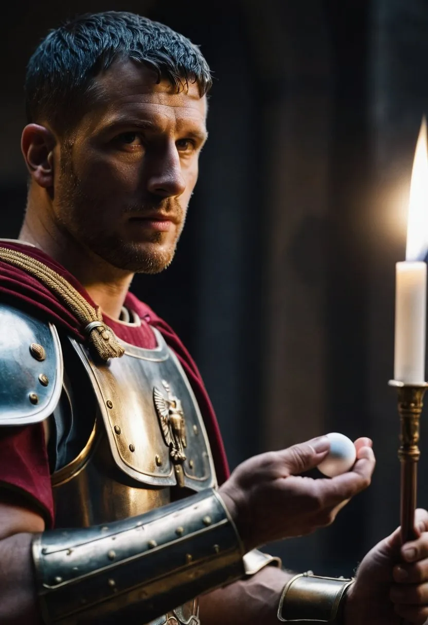 Roman soldier holding a small white egg.