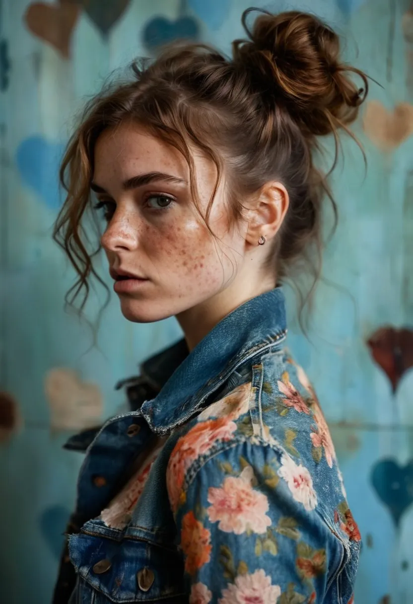 Young woman with freckles wearing a floral jean jacket.