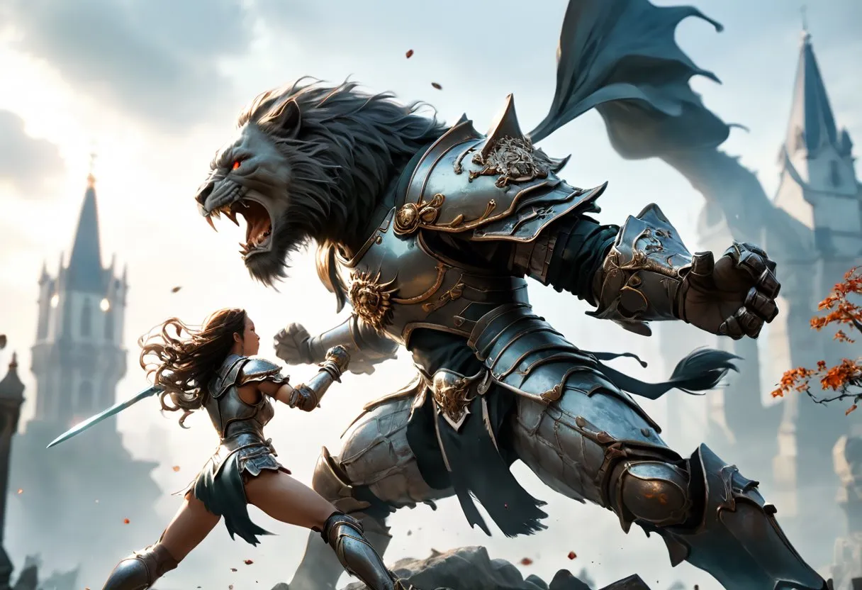 Lion-headed warrior in armor fighting a female warrior.