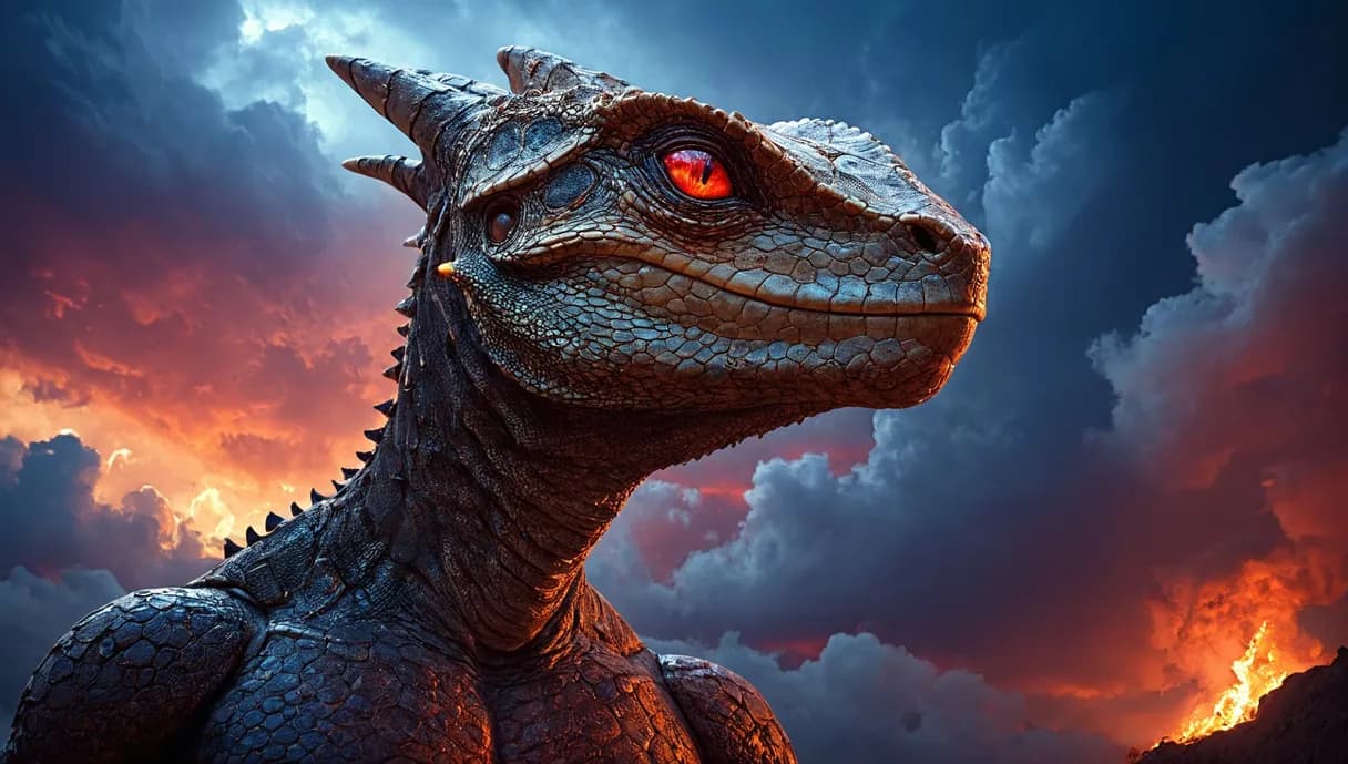 Close-up of a dinosaur head with red eyes.