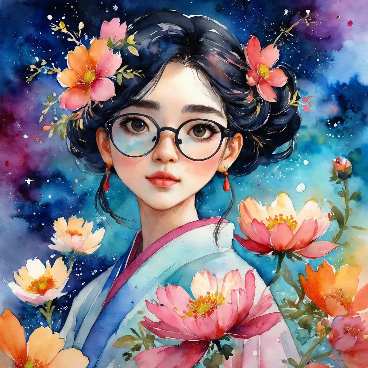 Anime-style girl with flowers in her hair.